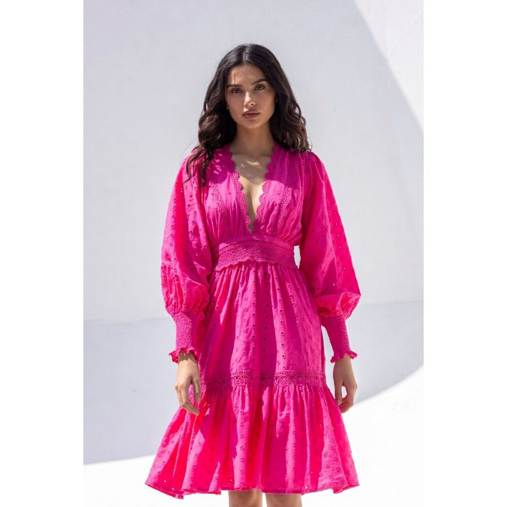 AQUA Pink Midi Dress Size S Ruffle Hem Lined  Long Sleeve V Neck Cotton Lined